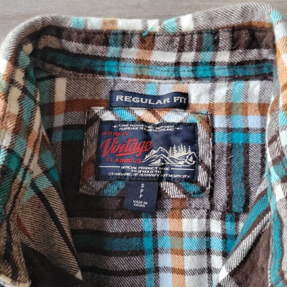 Old Navy Vintage Flannel Shirt Men’s Blue Brown Plaid Button Up Cotton Small - Picture 3 of 7